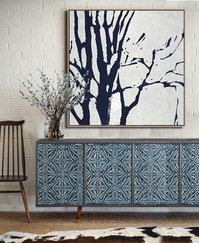 Oversized Custom Canvas Art,Minimalist Navy Blue And White Painting,Modern Art Abstract Painting